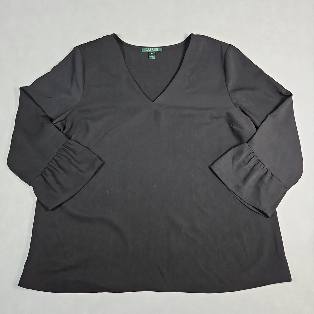 Lauren Ralph Lauren Womens Black V Neck Ruffle Cuff 3/4 Sleeve Blouse Size XL